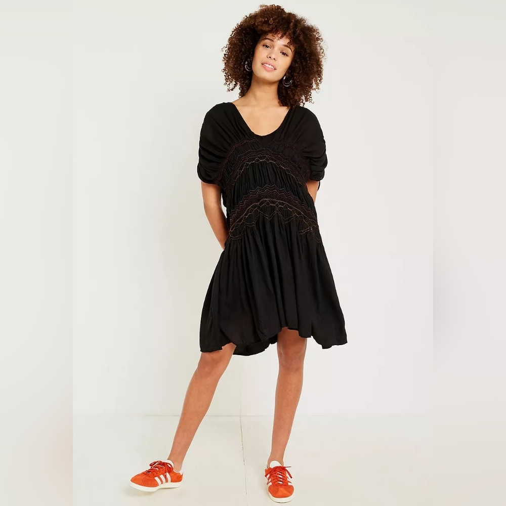 Free People Embroidered Smocked Black Dress Short Sleeve Small